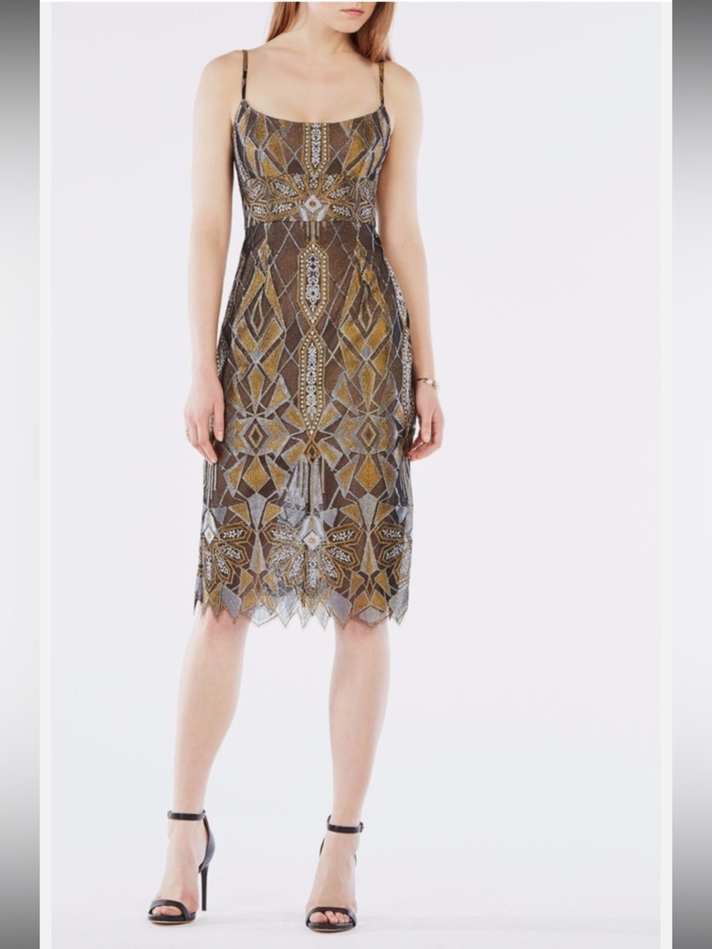 BCBG MAXAZRIA ALESE GOLD METALLIC GEOMETRIC MESH LACE DRESS size 2